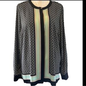 NWOT DANA BUCHMAN Silky Blouse Beautiful Navy White Blush Pink & Tiffany Blue 16